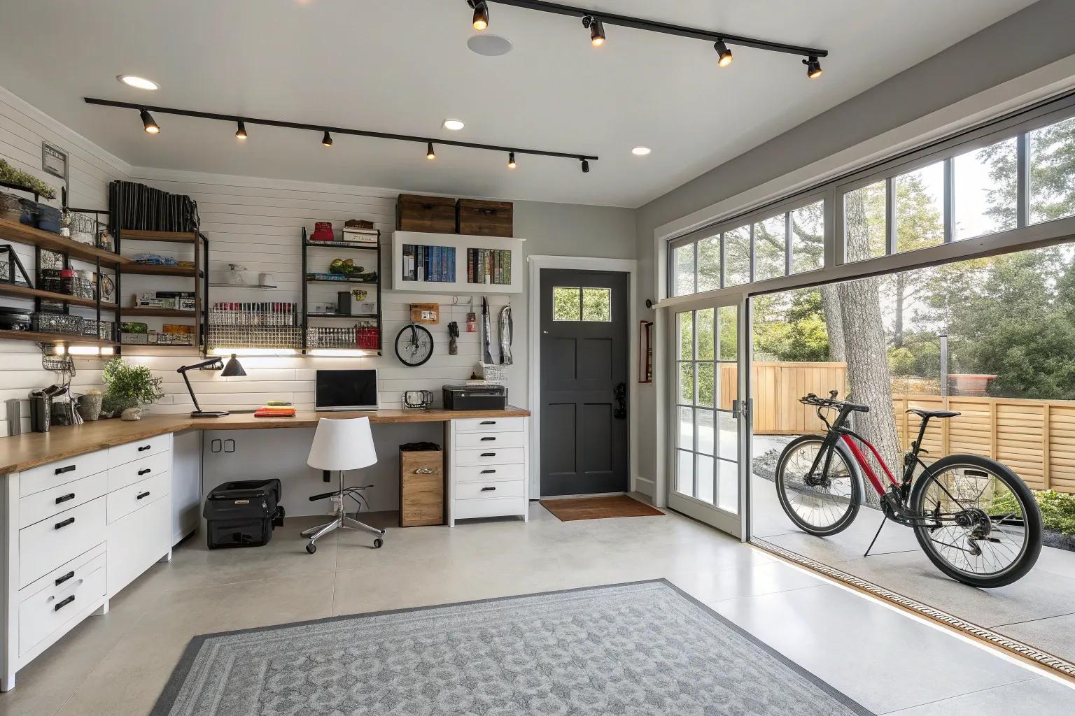 A personal workshop with wall storage, drawers, and a workbench