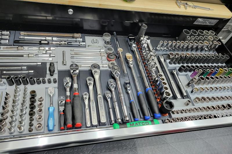 A real toolbox drawer organised with Gridfinity holders for ratchets, sockets, and small tools